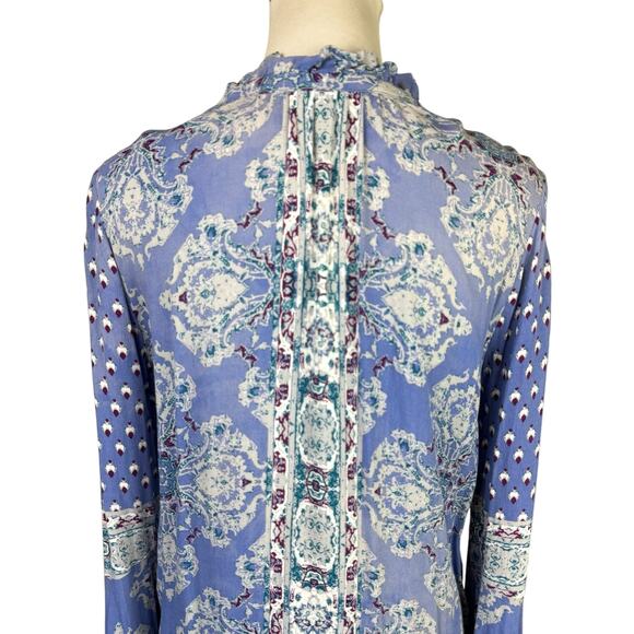Free People Magic Mystery Sky Blue Print Long Flare Sleeve Boho Top - Picture 6 of 11